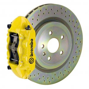 Brembo GT Series 4-Piston Rear Big Brake Kit with 14.40-Inch 1-Piece Cross Drilled Rotors; Yellow Calipers (16-24 Camaro SS)
