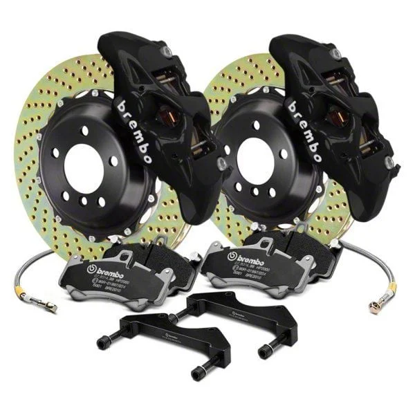 Brembo GT Series 4-Piston Rear Big Brake Kit with 15-Inch 2-Piece Cross Drilled Rotors; Black Calipers (15-23 Mustang GT, EcoBoost, V6)