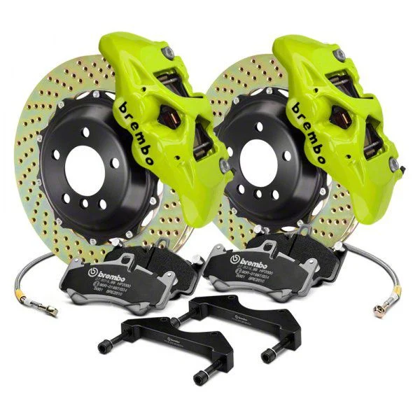 Brembo GT Series 4-Piston Rear Big Brake Kit with 15-Inch 2-Piece Cross Drilled Rotors; Fluorescent Yellow Calipers (15-23 Mustang GT, EcoBoost, V6)