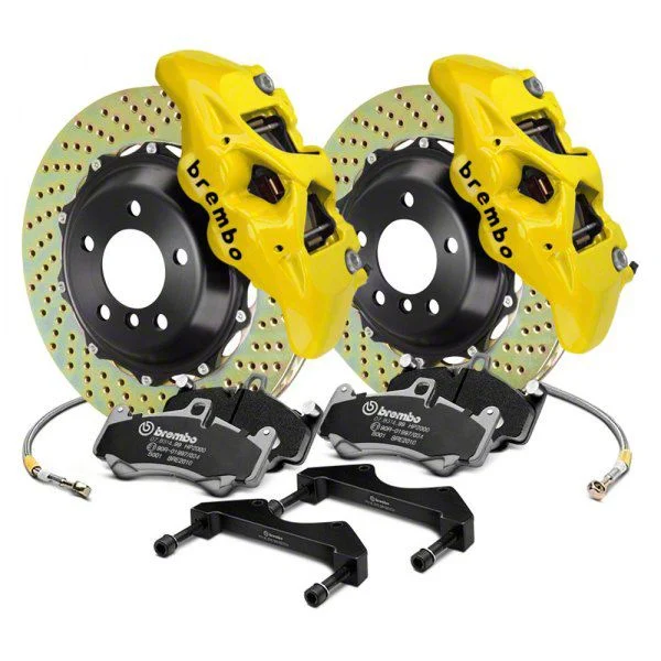 Brembo GT Series 4-Piston Rear Big Brake Kit with 15-Inch 2-Piece Cross Drilled Rotors; Yellow Calipers (15-23 Mustang GT, EcoBoost, V6)