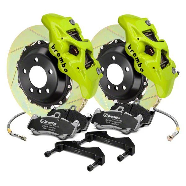 Brembo GT Series 4-Piston Rear Big Brake Kit with 15-Inch 2-Piece Type 1 Slotted Rotors; Fluorescent Yellow Calipers (15-23 Mustang GT, EcoBoost, V6)
