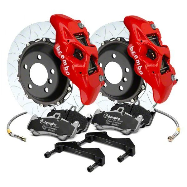 Brembo GT Series 4-Piston Rear Big Brake Kit with 15-Inch 2-Piece Type 3 Slotted Rotors; Red Calipers (15-23 Mustang GT, EcoBoost, V6)