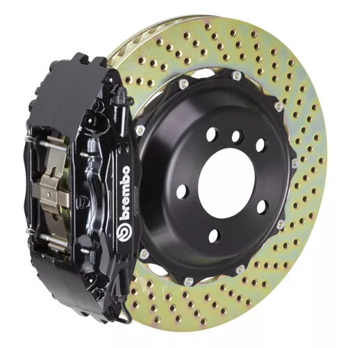 Brembo GT Series 4-Piston Front Big Brake Kit with 14-Inch 2-Piece Cross Drilled Rotors; Black Calipers (05-14 Mustang GT w/o Performance Pack, V6)