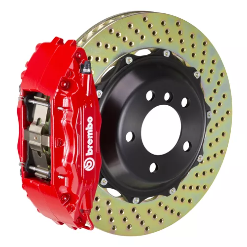 Brembo GT Series 4-Piston Front Big Brake Kit with 14-Inch 2-Piece Cross Drilled Rotors; Red Calipers (05-14 Mustang GT w/o Performance Pack, V6)