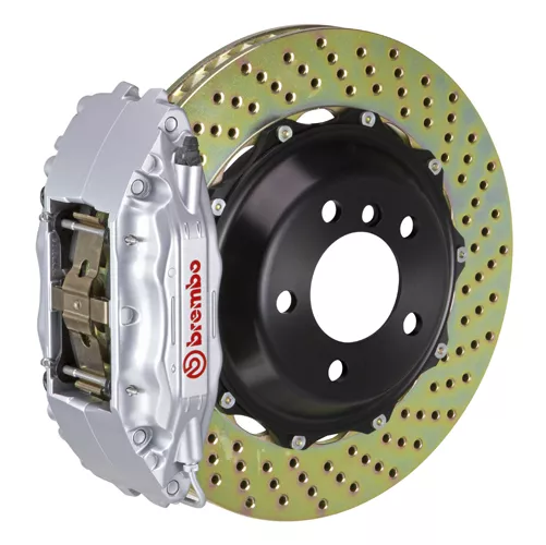 Brembo GT Series 4-Piston Front Big Brake Kit with 14-Inch 2-Piece Cross Drilled Rotors; Silver Calipers (05-14 Mustang GT w/o Performance Pack, V6)