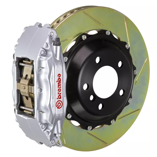 Brembo GT Series 4-Piston Front Big Brake Kit with 14-Inch 2-Piece Type 1 Slotted Rotors; Silver Calipers (05-14 Mustang GT w/o Performance Pack, V6)