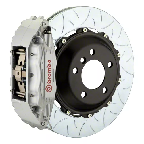 Brembo GT Series 4-Piston Front Big Brake Kit with 14-Inch 2-Piece Type 3 Slotted Rotors; Silver Calipers (05-14 Mustang GT w/o Performance Pack, V6)