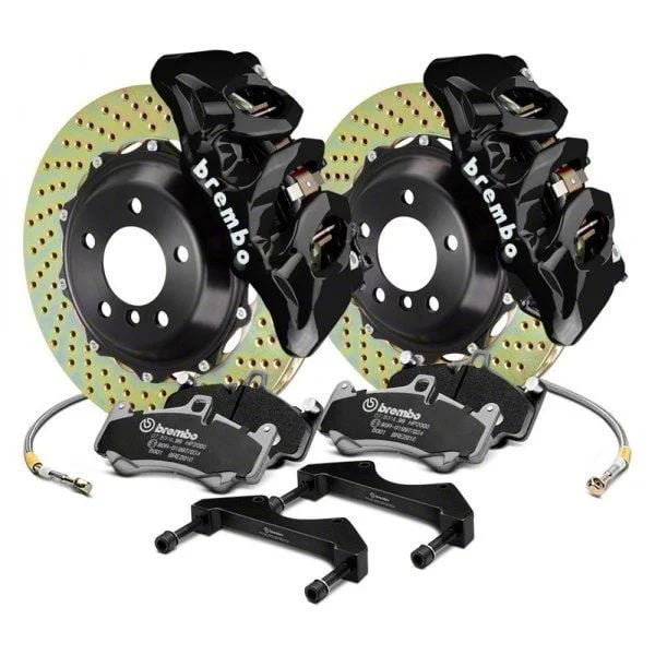 Brembo GT Series 6-Piston Front Big Brake Kit with 15-Inch 2-Piece Cross Drilled Rotors; Black Calipers (15-23 Mustang GT, EcoBoost, V6)
