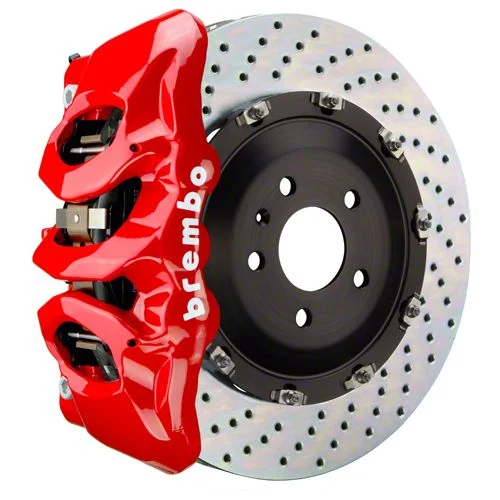Brembo GT Series 6-Piston Front Big Brake Kit with 15-Inch 2-Piece Cross Drilled Rotors; Red Calipers (15-23 Mustang GT, EcoBoost, V6)