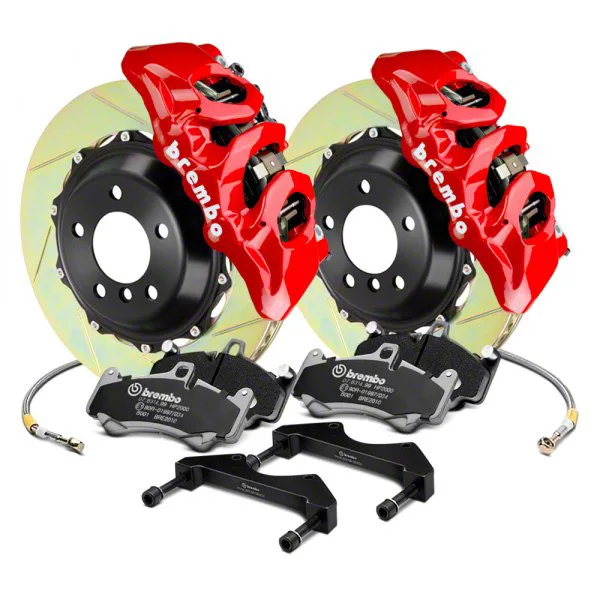 Brembo GT Series 6-Piston Front Big Brake Kit with 15-Inch 2-Piece Type 1 Slotted Rotors; Red Calipers (15-23 Mustang GT, EcoBoost, V6)