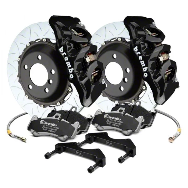 Brembo GT Series 6-Piston Front Big Brake Kit with 15-Inch 2-Piece Type 3 Slotted Rotors; Black Calipers (15-23 Mustang GT, EcoBoost, V6)