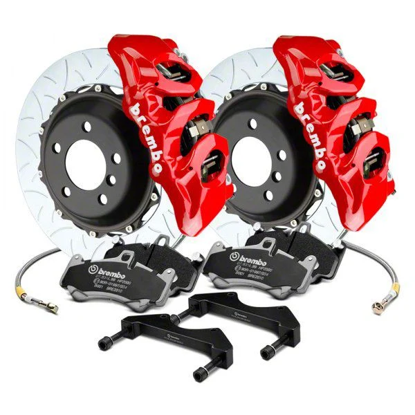 Brembo GT Series 6-Piston Front Big Brake Kit with 15-Inch 2-Piece Type 3 Slotted Rotors; Red Calipers (15-23 Mustang GT, EcoBoost, V6)