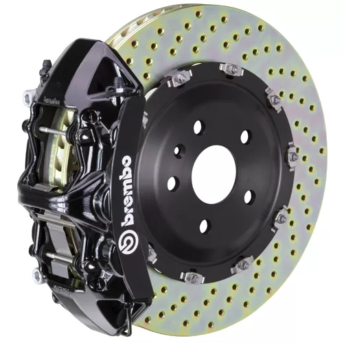 Brembo GT Series 6-Piston Front Big Brake Kit with 15.90-Inch 2-Piece Cross Drilled Rotors; Black Calipers (15-23 Mustang GT)