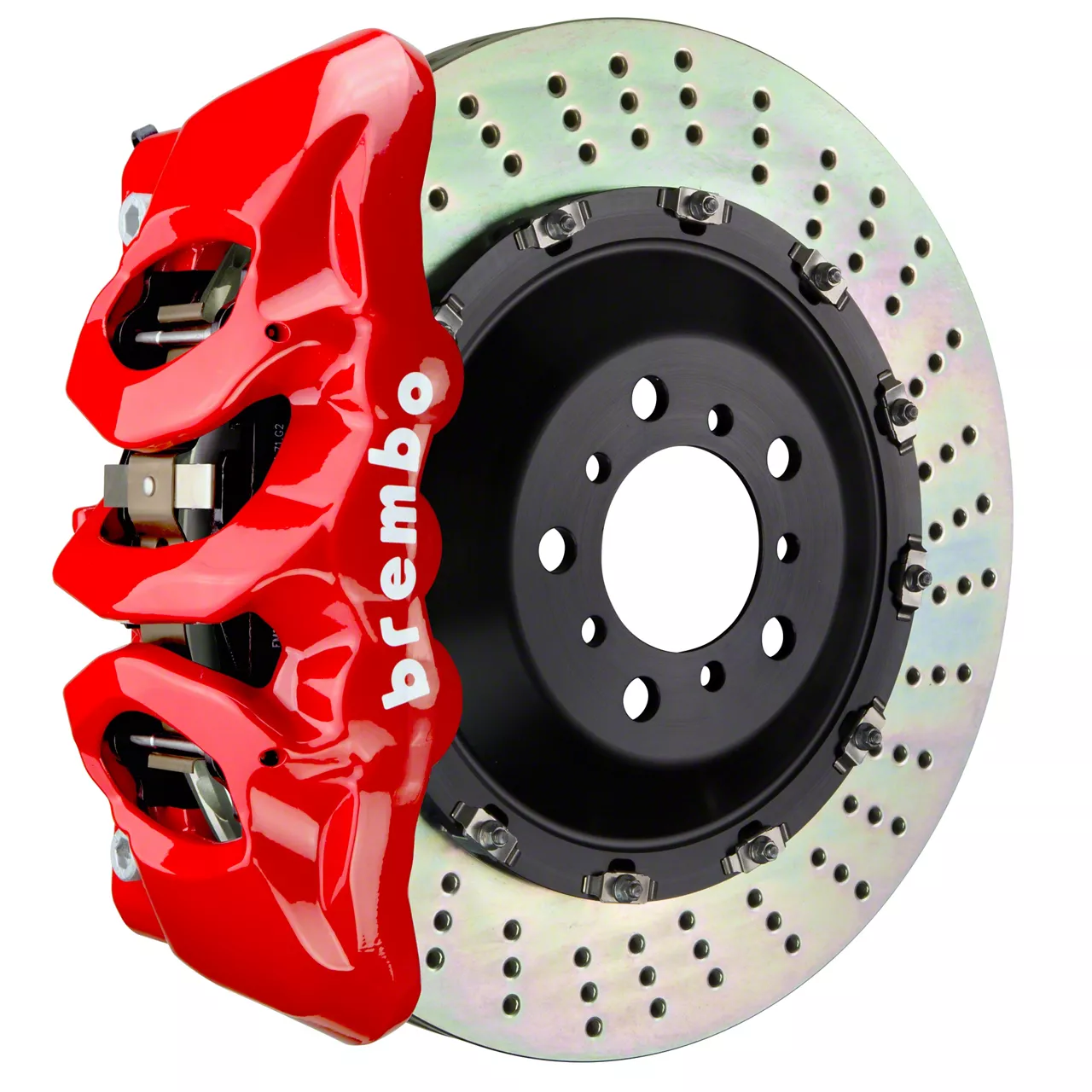 Brembo GT Series 6-Piston Front Big Brake Kit with 15.90-Inch 2-Piece Cross Drilled Rotors; Red Calipers (15-23 Mustang GT)