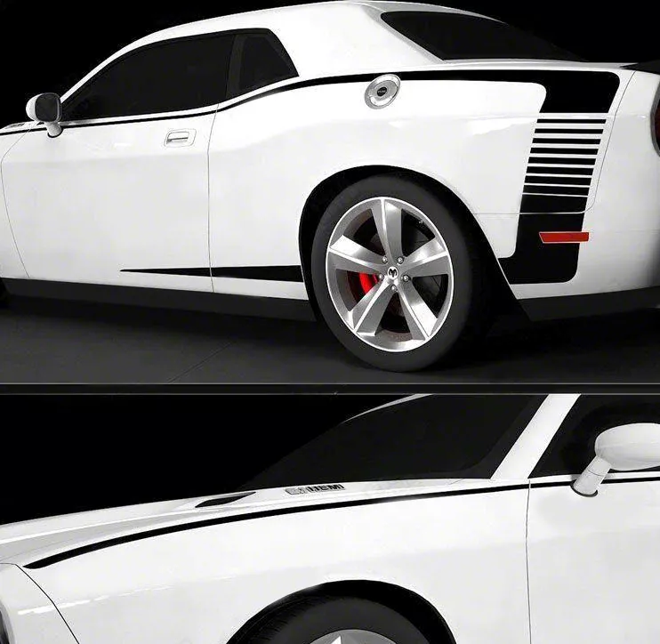 Extended Side C-Stripes Strobe Decals; Gloss Black (15-18 Challenger)