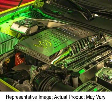 Stainless Steel HELLCAT Logo Plenum/Supercharger Engine Cover; Yellow Carbon Fiber (15-23 Challenger SRT Hellcat, SRT Jailbreak)
