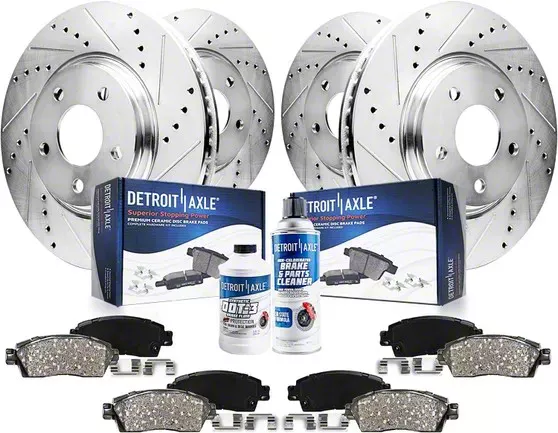 Drilled and Slotted Brake Rotor, Pad, Brake Fluid and Cleaner Kit; Front and Rear (06-23 Charger w/ Dual Piston Front Calipers & 320mm Vented Rear Rotors)