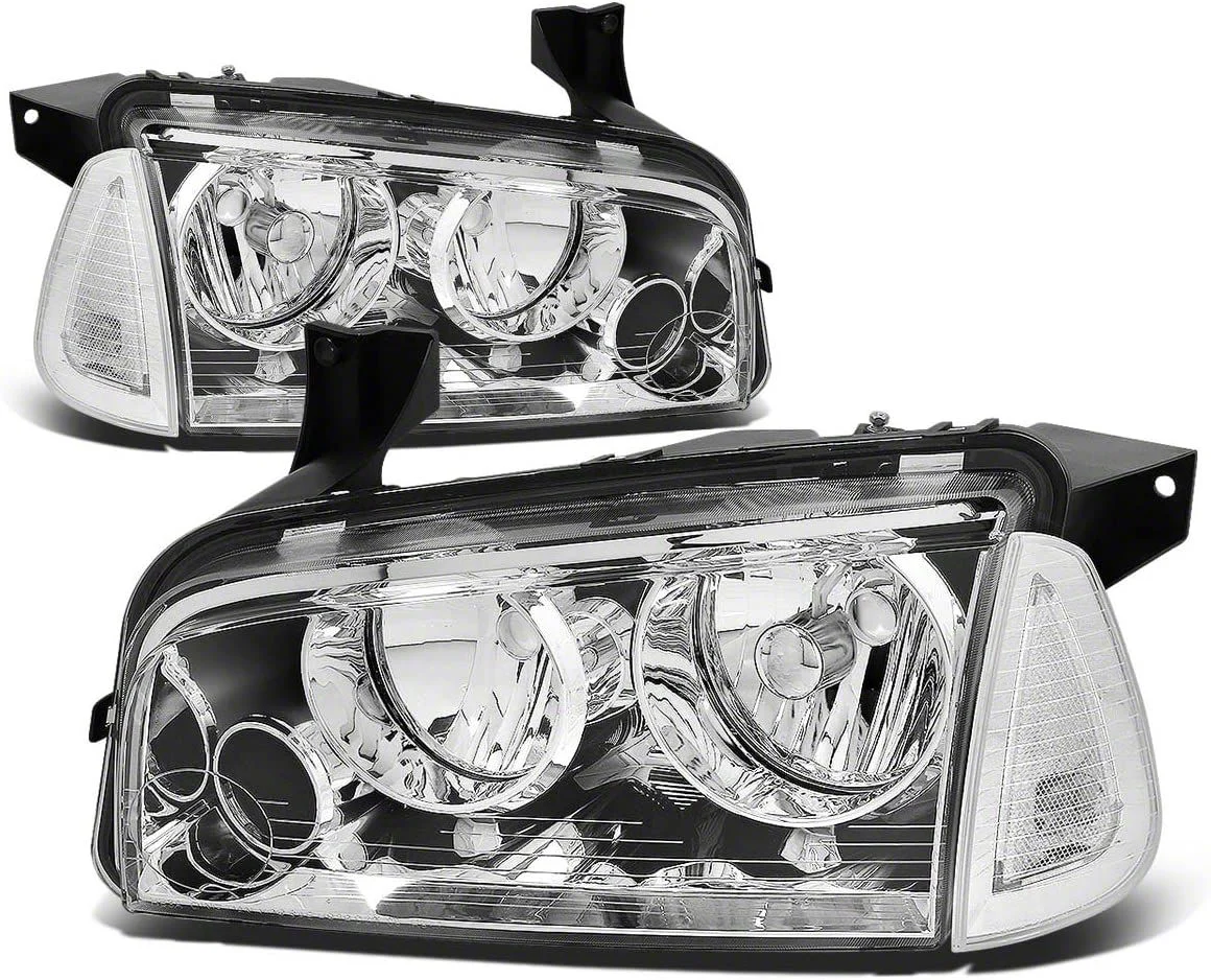 Factory Style Headlights with Clear Corners; Chrome Housing; Clear Lens (06-10 Charger)