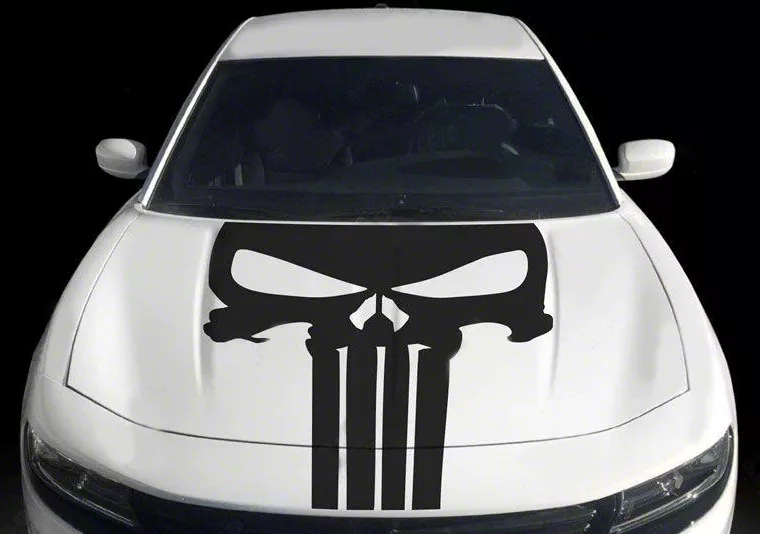 Punisher Style Hood Skull Decal Stripe; Gloss Black (19-23 Charger)