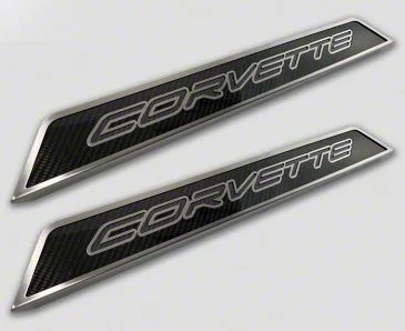 Door Sill Plates with Corvette Style Insert; Black Carbon Fiber (20-26 Corvette C8)