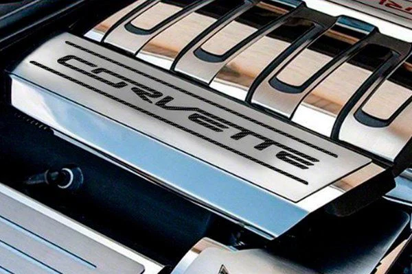 Fuel Rail Cover Overlay with Corvette Logo; Black Carbon Fiber Inlay (14-19 Corvette C7)