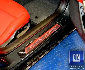 Illuminated Carbon Fiber Door Sill Plate Overlays with Stainless Trim; Green LED (14-19 Corvette C7)