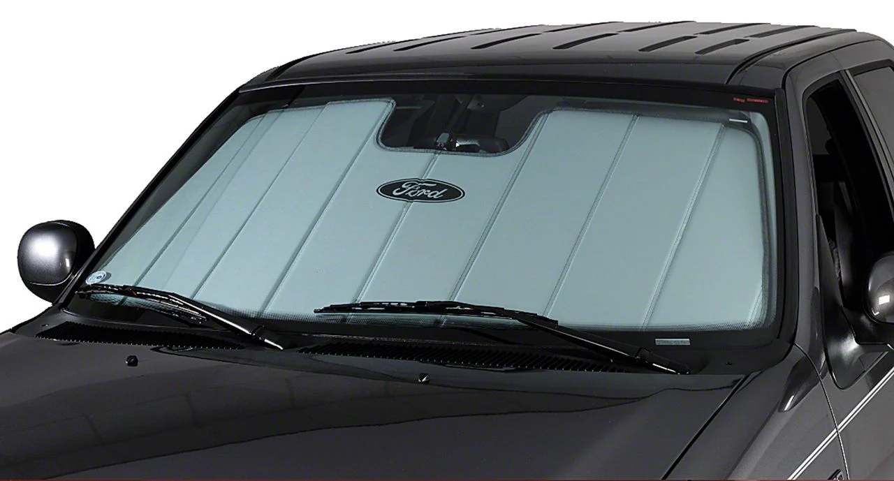 Covercraft UVS100 Heat Shield Custom Sunscreen with Mustang 50 Years Logo; Silver (15-23 Mustang w/ Mirror Camera)