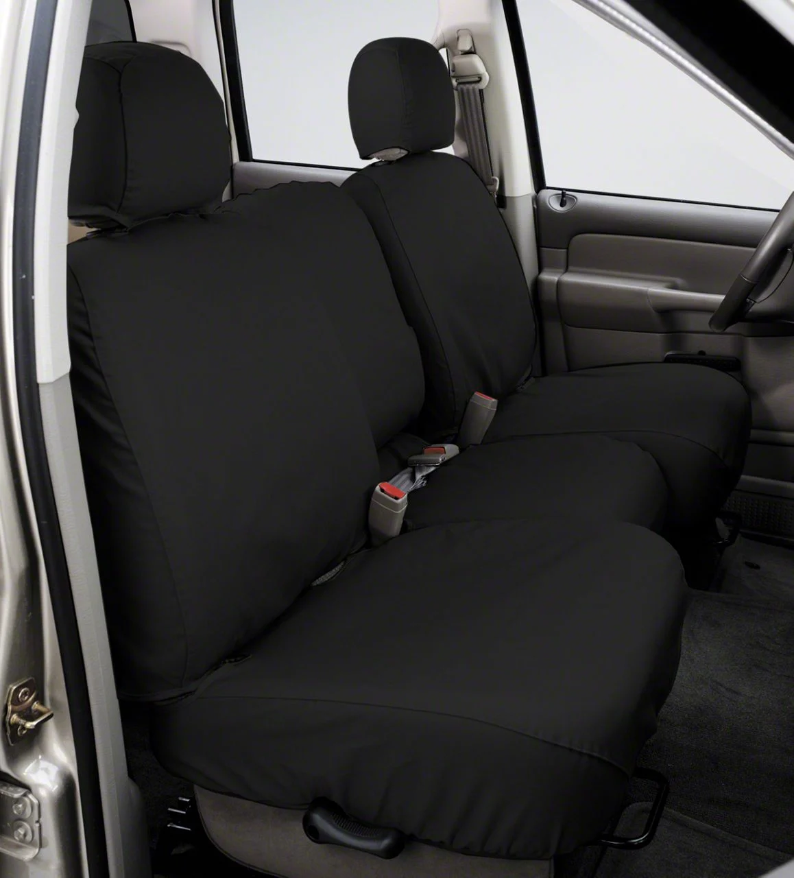 Covercraft Seat Saver Polycotton Custom Front Row Seat Covers; Charcoal (20-26 Sierra 3500 HD w/ Bench Seat & Fold-Down Console w/ Lid & w/o Under Center Seat Storage)