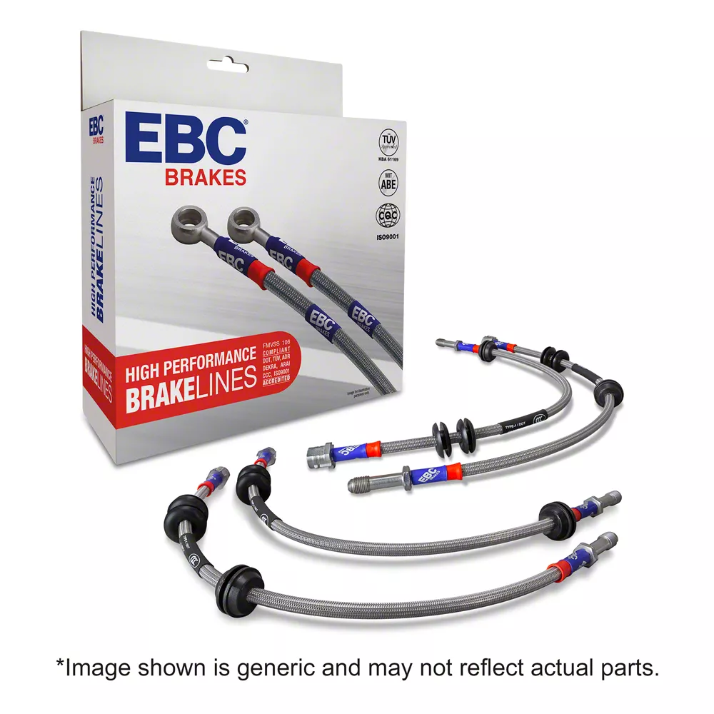 EBC Brakes Stainless Braided Brake Lines; Front and Rear (15-23 Mustang EcoBoost w/o Performance Pack, V6)