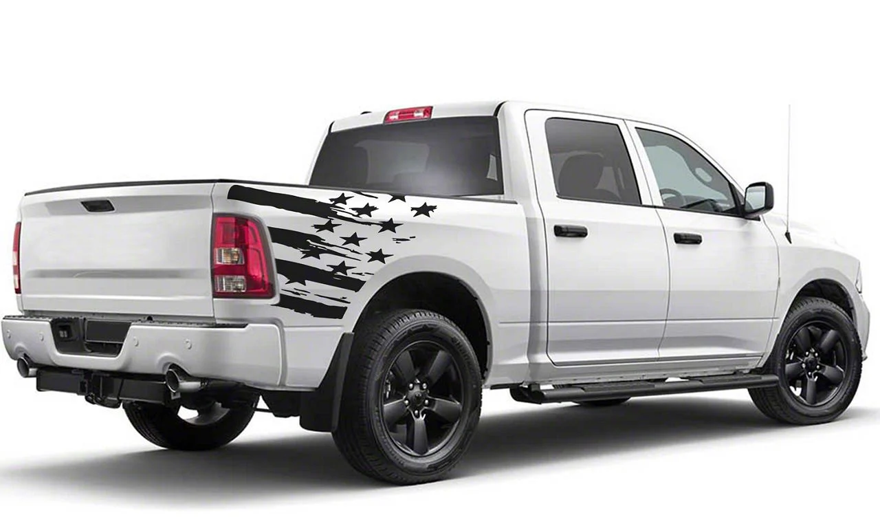 Distressed US Flag Bed Decal; Gloss Black (04-26 F-150)