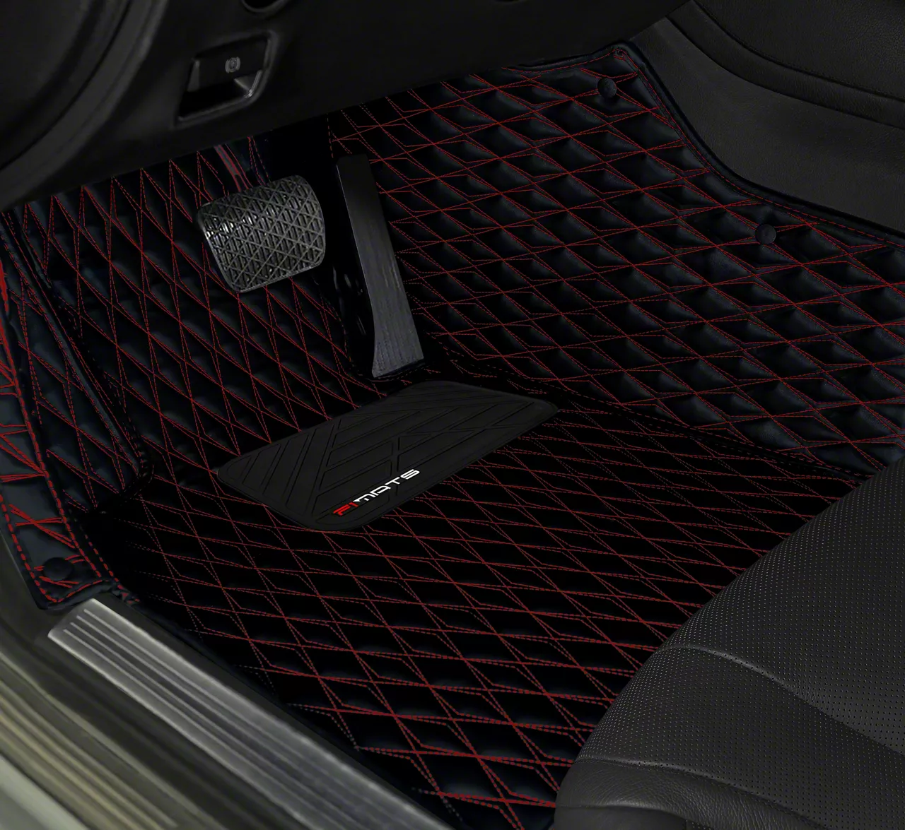 Single Layer Diamond Front and Rear Floor Mats; Black and Red Stitching (05-14 Mustang)