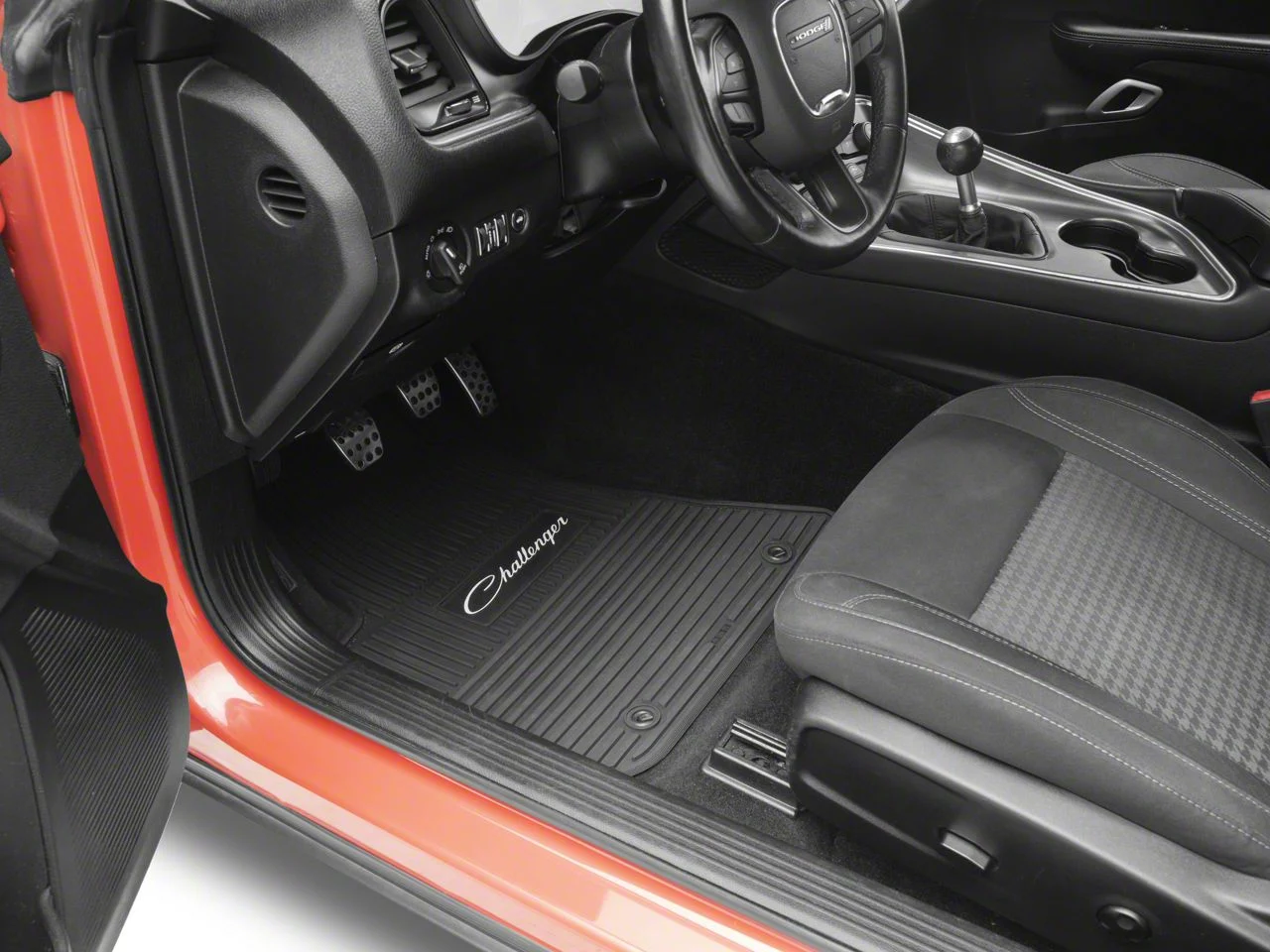 Factory Floorpan Fit Custom Vintage Scene Front and Rear Floor Mats with White Challenger Script Insert; Black (11-23 RWD Challenger)