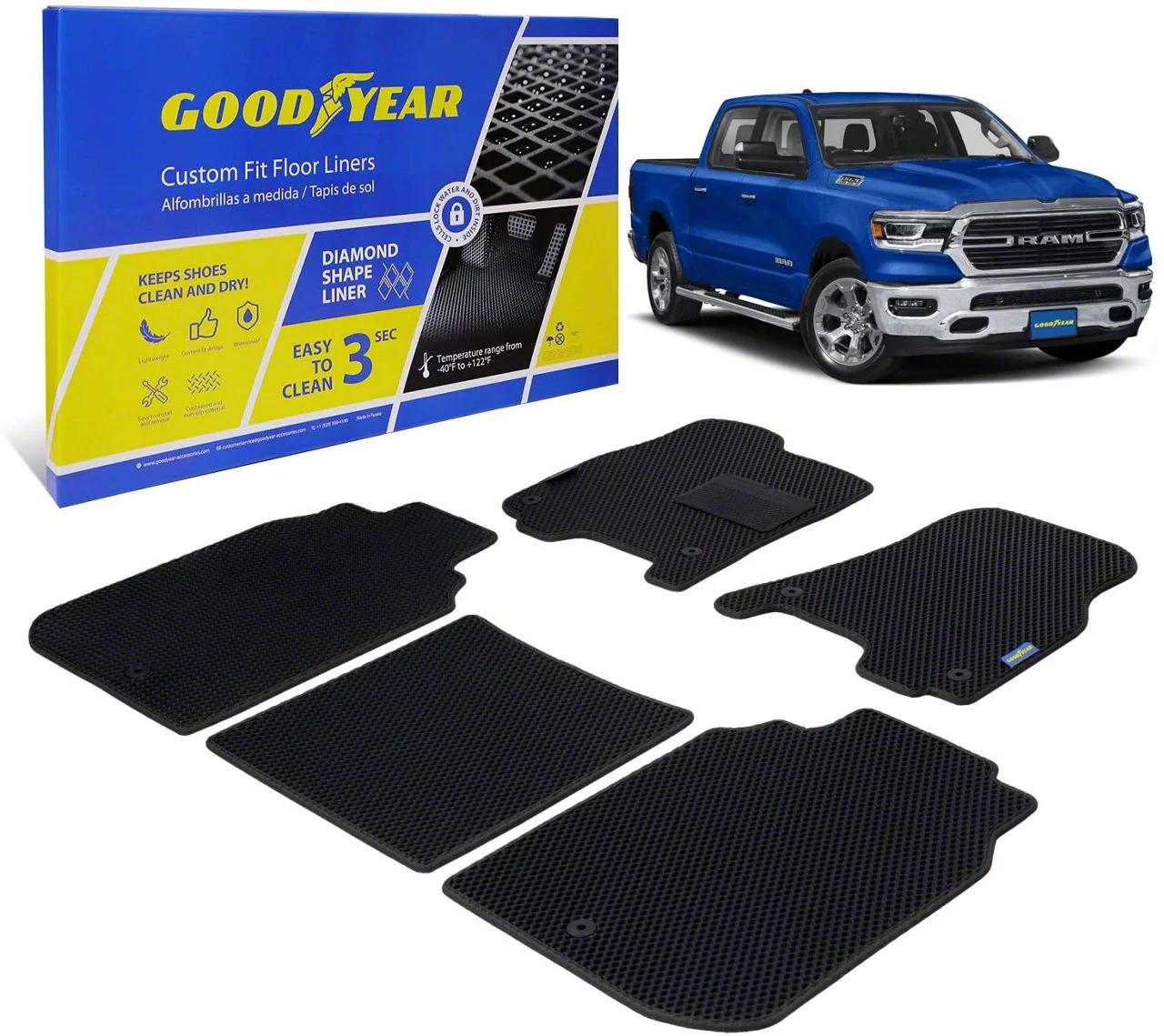 Goodyear Car Accessories Custom Fit Front and Rear Floor Liners; Black (09-18 RAM 1500 Crew Cab)