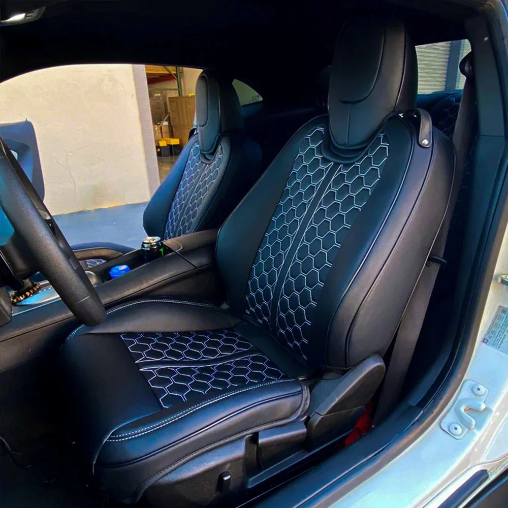Kustom Interior Premium Artificial Leather Front and Rear Seat Covers; All Black with Honeycomb Accent (10-15 Camaro Coupe w/o 1LE Competition Seat)