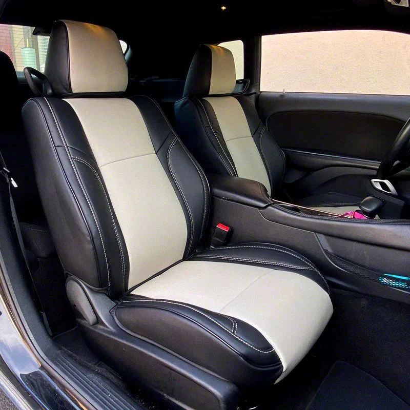 Kustom Interior Premium Artificial Leather Front and Rear Seat Covers; Black with Grey Accent (15-18 Challenger R/T; 15-23 Challenger SXT)