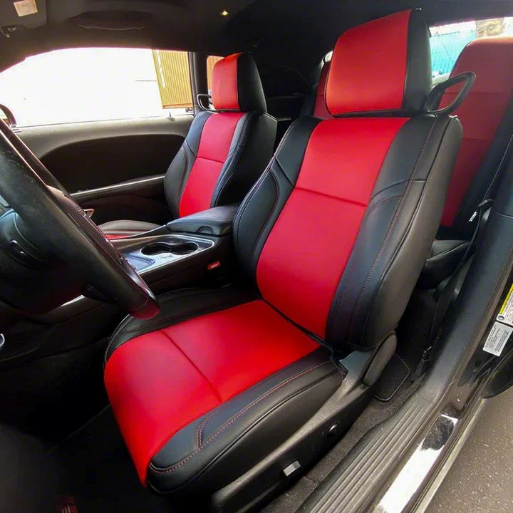 Kustom Interior Premium Artificial Leather Front and Rear Seat Covers; Black with Red Accent (15-18 Challenger R/T; 15-23 Challenger SXT)