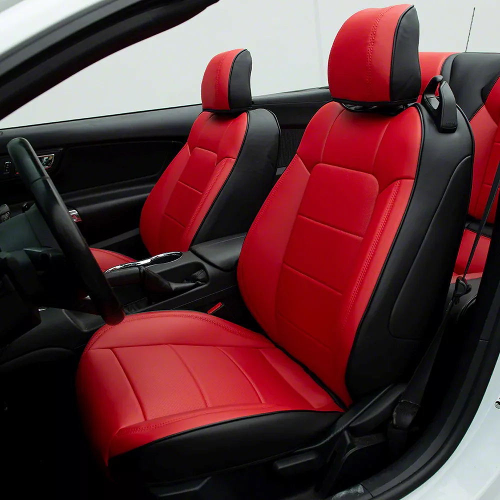 Kustom Interior Premium Artificial Leather Front and Rear Seat Covers; Black with Red Front Face (15-23 Mustang Convertible)