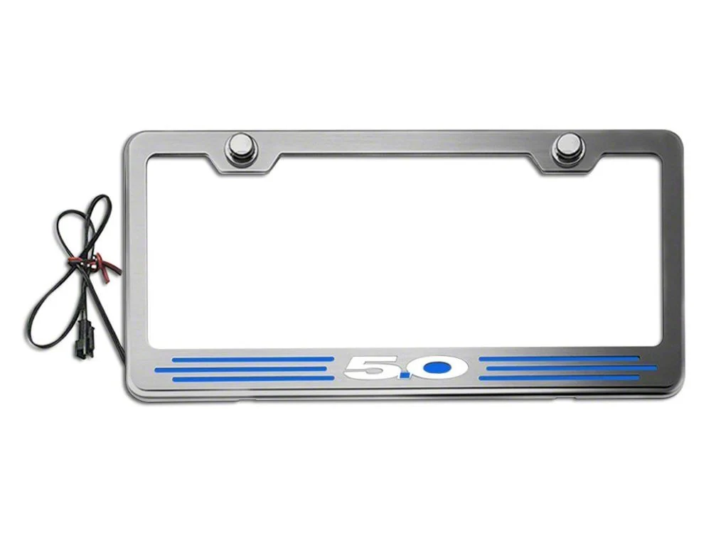 Illuminated License Plate Frame with 5.0 Logo; Blue Inlay (Universal; Some Adaptation May Be Required)