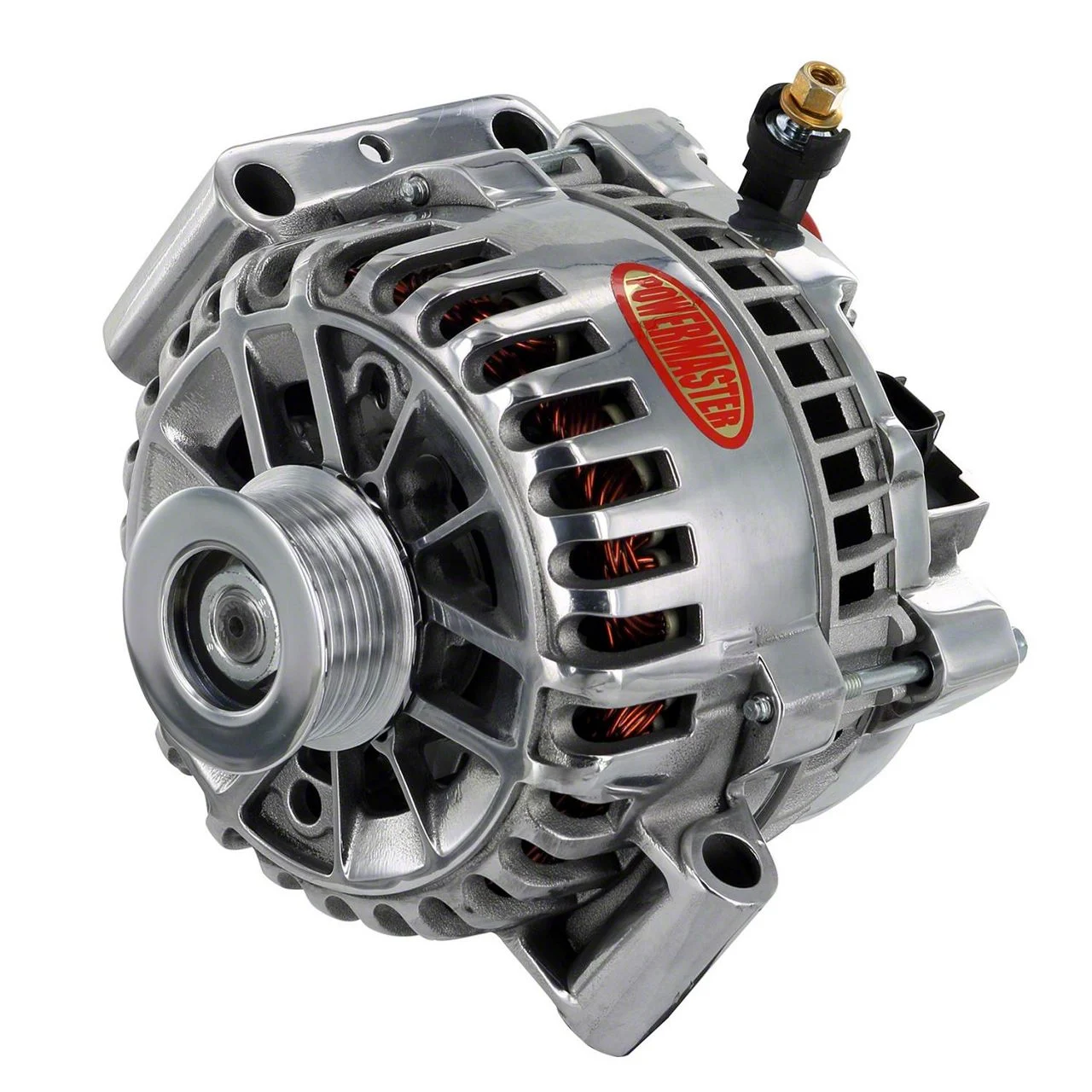 Powermaster 6G Style Large Frame Transverse Mount Alternator with 6-Groove Pulley; 200 Amp; Polished (05-08 Mustang V6)