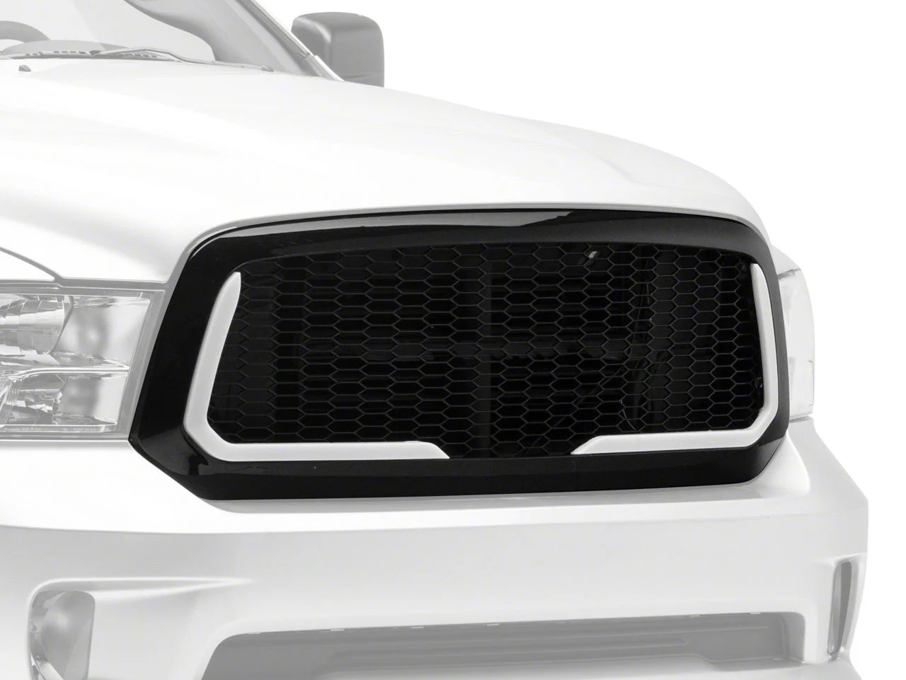 Honeycomb Mesh Style Upper Replacement Grille with LED DRL Lights; Black (13-18 RAM 1500, Excluding Rebel)