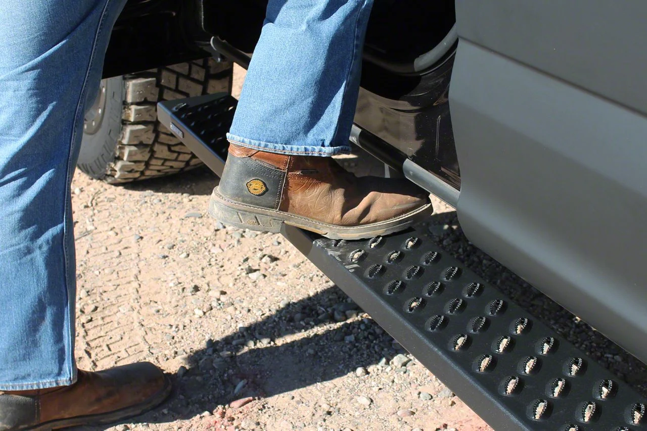 Raptor Series 6.50-Inch Sawtooth Slide Track Running Boards; Black Textured (07-19 Silverado 2500 HD Extended/Double Cab)
