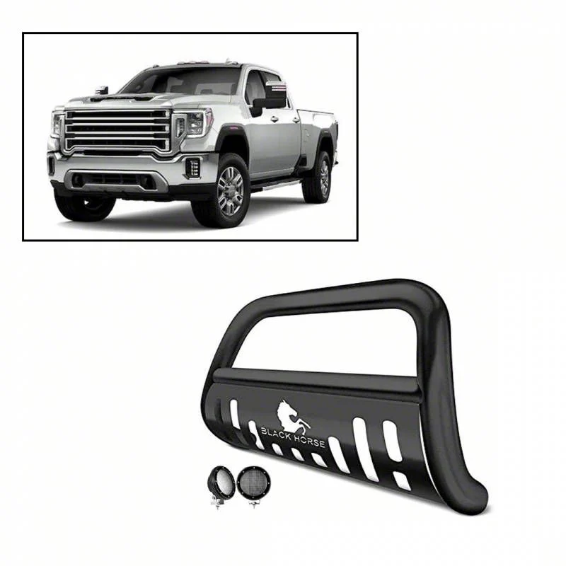Bull Bar with 5.30-Inch Black Round Flood LED Lights; Black (20-26 Sierra 3500 HD)