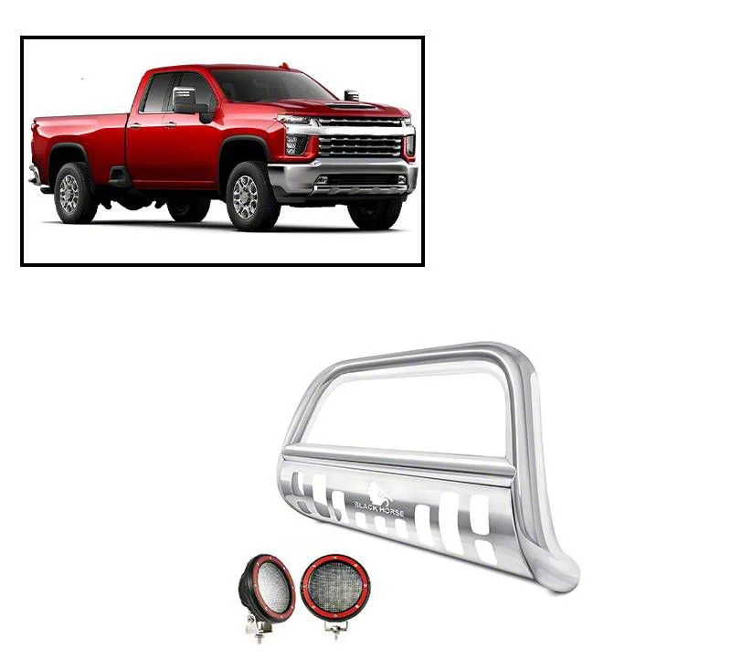 Bull Bar with 5.30-Inch Red Round Flood LED Lights; Stainless Steel (20-26 Sierra 3500 HD)
