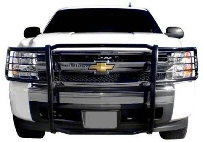 Grille Guard with 5.30-Inch Black Round Flood LED Lights; Black (14-18 Silverado 1500)