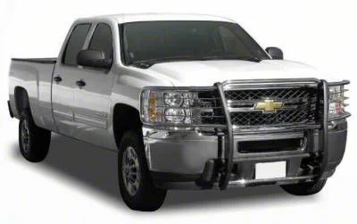 Grille Guard with 5.30-Inch Black Round Flood LED Lights; Stainless Steel (14-18 Silverado 1500)