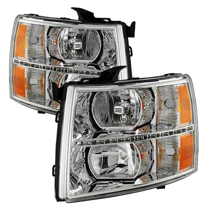 Crystal Headlights with DRL LED Design; Chrome Housing; Clear Lens (07-14 Silverado 2500 HD)