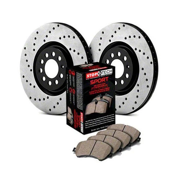 StopTech Sport Axle Drilled Brake Rotor and Pad Kit; Rear (08-14 Challenger SRT8; 15-23 Challenger R/T 392, Scat Pack, SRT 392, SRT Demon, SRT Hellcat)