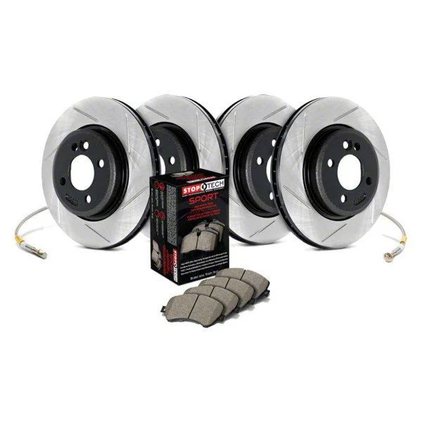 StopTech Sport Axle Slotted Brake Rotor and Pad Kit; Front and Rear (13-16 5.7L HEMI & V6 Challenger w/ Performance Brakes; 17-23 6.4L HEMI Challenger w/ 4-Piston Front Calipers)