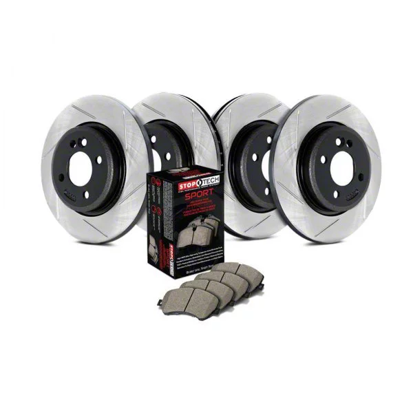 StopTech Sport Axle Slotted Brake Rotor and Pad Kit; Front and Rear (09-11 V6 Challenger w/ Solid Rear Rotors; 11-16 V6 Challenger w/ Touring Brakes; 17-23 V6 Challenger w/ Single Piston Front Calipers)