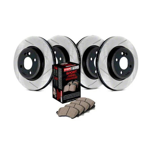 StopTech Sport Axle Slotted Brake Rotor and Pad Kit; Front and Rear (09-11 Challenger R/T w/ Vented Rear Rotors; 12-16 Challenger w/ Performance Brakes; 17-23 Challenger w/ Dual Piston Front Calipers)